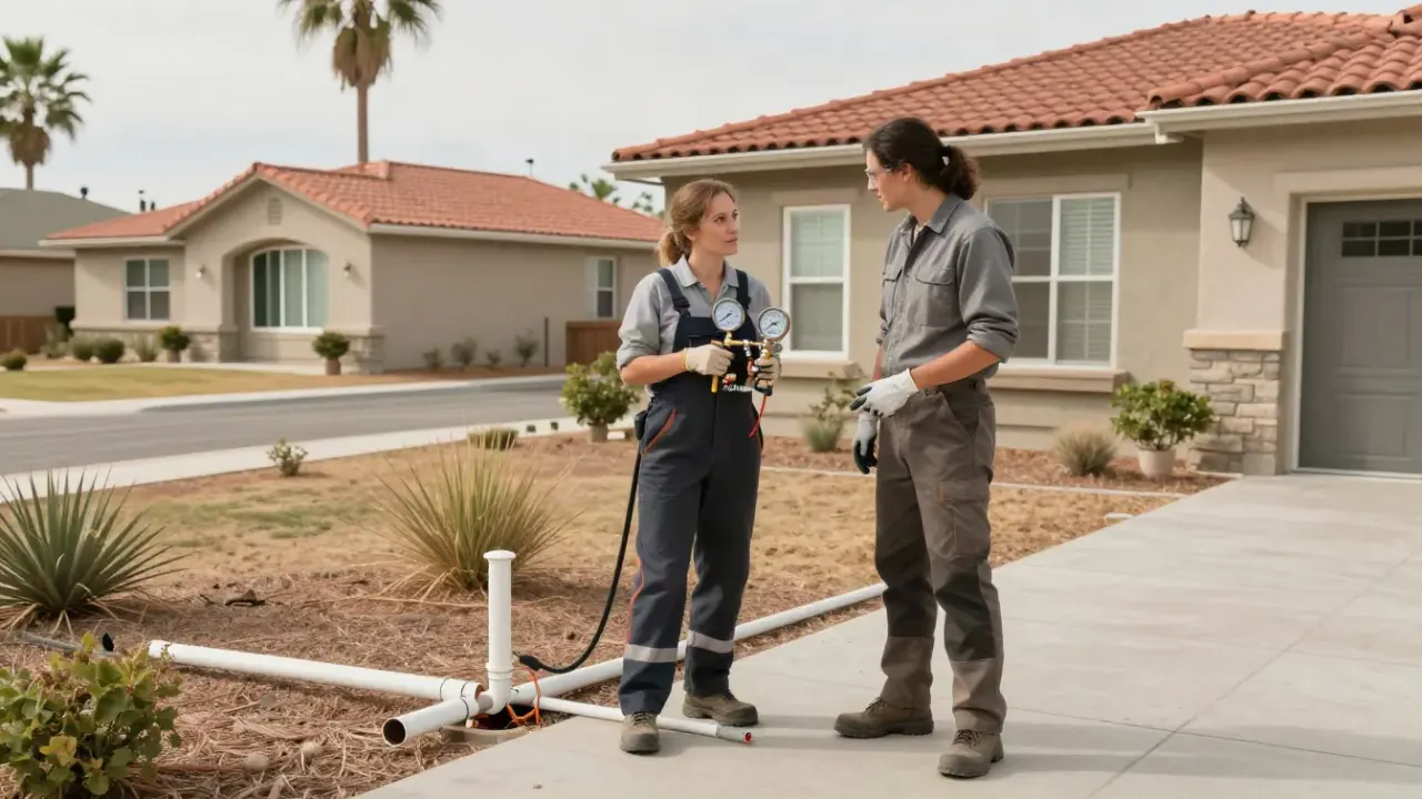 Gas Line Repair in Fountain Valley, California: licensed gas fitter conversing with a homeowner while pointing to the